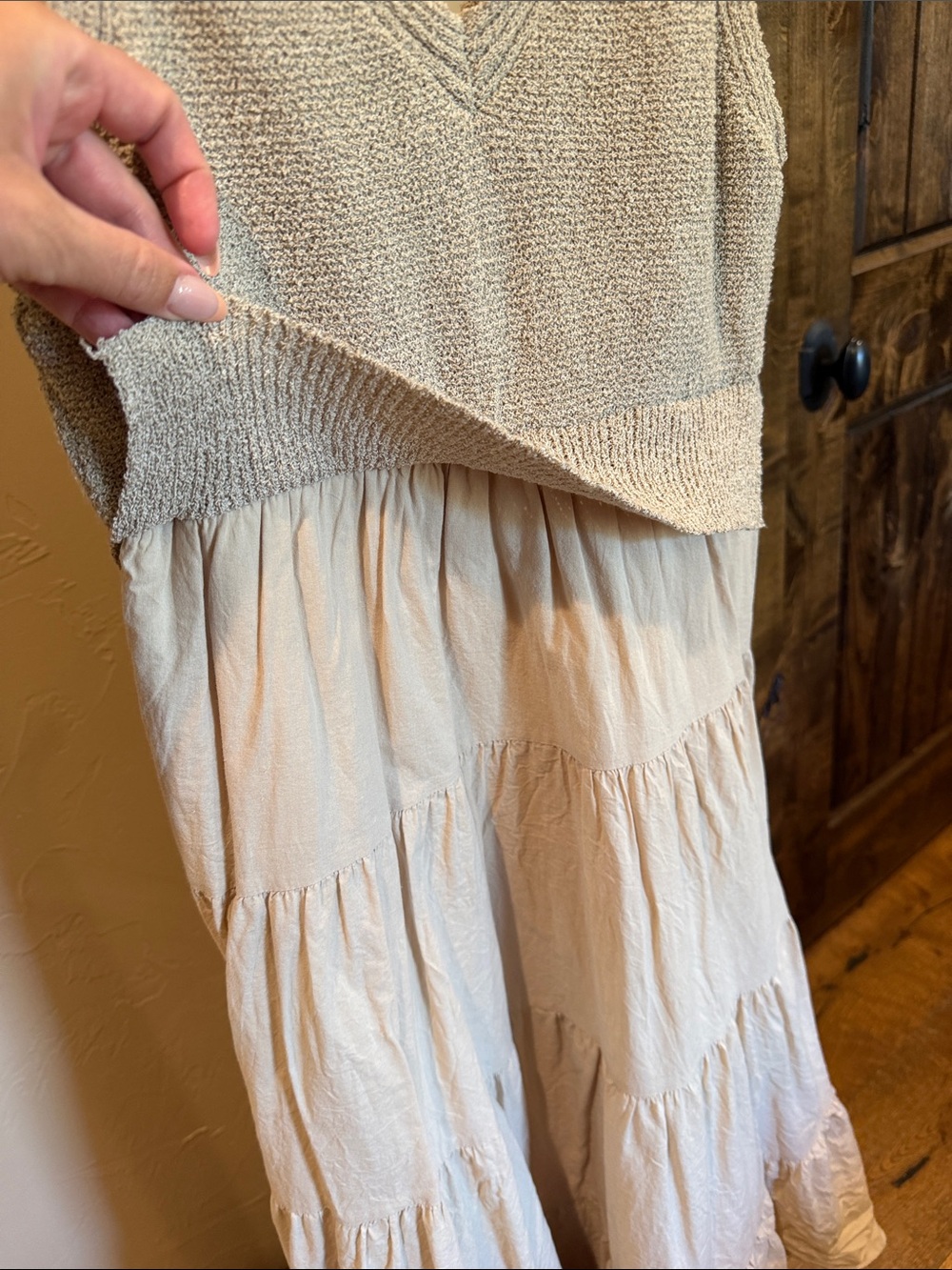 Neutral Knit Bodice Tiered Maxi Dress - Beige and Light Taupe - Picture 4 of 10